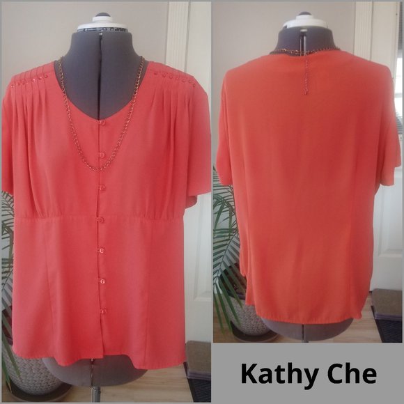 Kathy Che Tops - Kathy Che Blouse with Sequined Pleated Shoulders